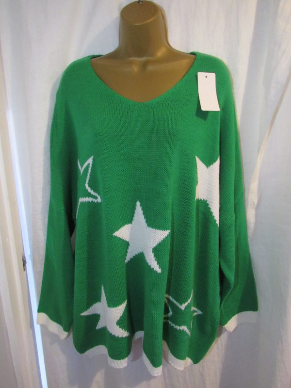 NEW Ladies Green Edged with White Stars Jumper One Size Fits 18 20 22