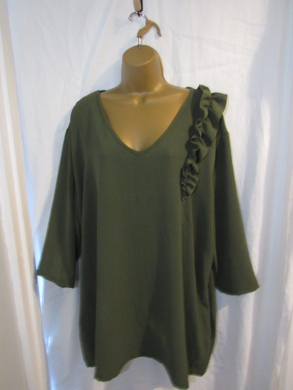 SALE SALE SALE NEW Ladies Khaki Frill on One Shoulder Top V Neck One Size fits sizes 18 20 22 NON RETURNABLE