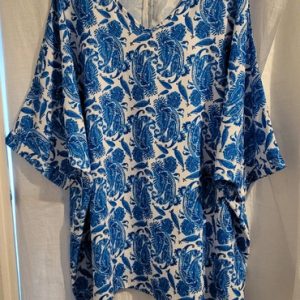 NEW Ladies Women Royal Blue Print V Neck Tunic Top One Size fits sizes 18 20 22 24