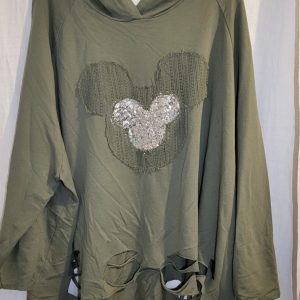 New Ladies Khaki Hidden Mickey Sequin Destressed bottom Top One Size fits sizes 18 20 22 24