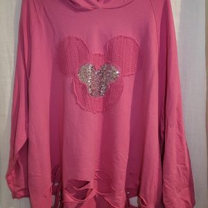 New Ladies Cerise Hidden Mickey Sequin Destressed bottom Top One Size fits sizes 18 20 22 24