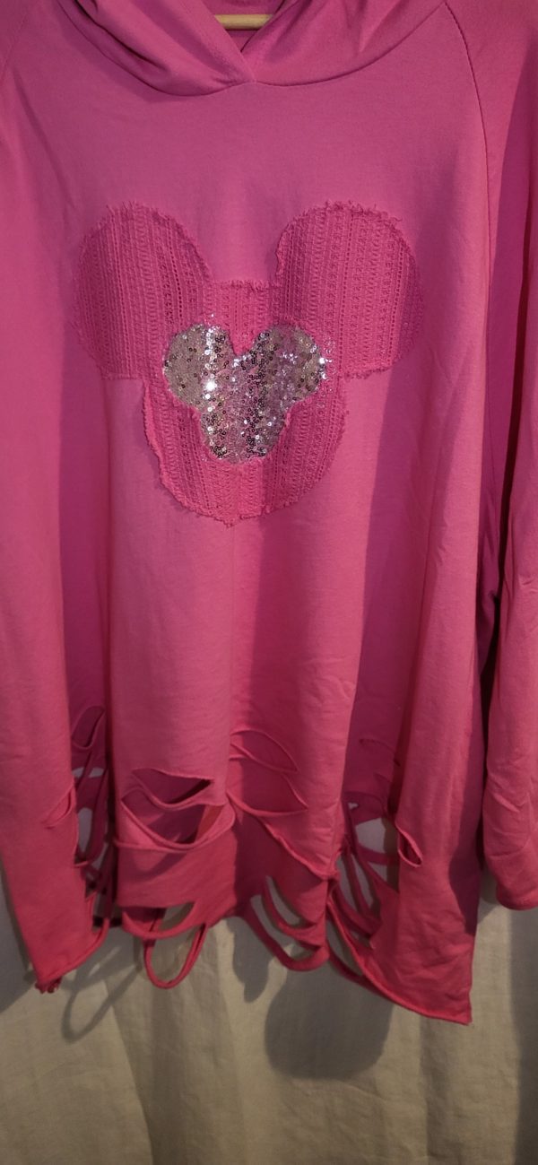 New Ladies Cerise Hidden Mickey Sequin Destressed bottom Top One Size fits sizes 18 20 22 24 - Image 3