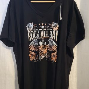 New Ladies Women Black Rock All Day V Neck T-shirt One Size Fits 18 20 22