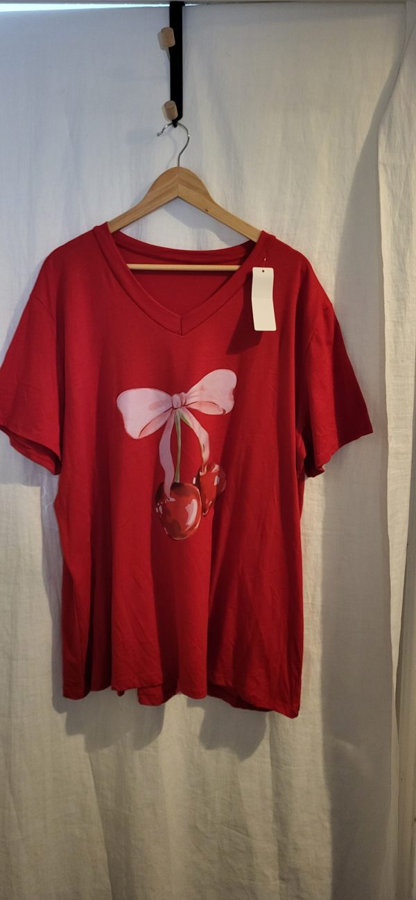 New Ladies Women Red Cherry V Neck T-shirt One Size Fits 18 20 22