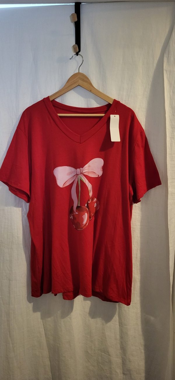 New Ladies Women Red Cherry V Neck T-shirt One Size Fits 18 20 22 - Image 2