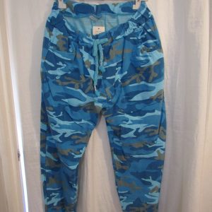 NEW Ladies Turquoise CAMO Stretchy Crinkle Magic Trousers One Size Fits 18 20 22 Size 2