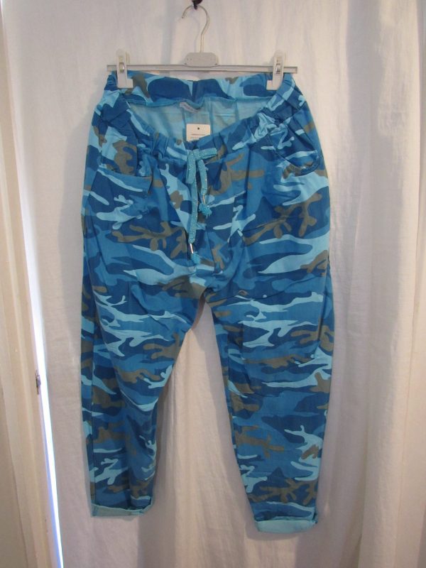 NEW Ladies Turquoise CAMO Stretchy Crinkle Magic Trousers One Size Fits 18 20 22 Size 2