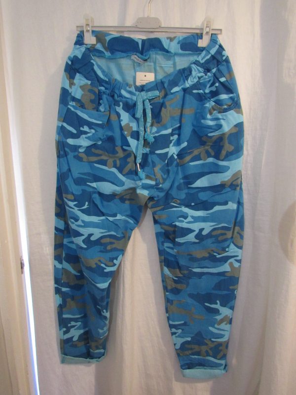 NEW Ladies Turquoise CAMO Stretchy Crinkle Magic Trousers One Size Fits 18 20 22 Size 2 - Image 2