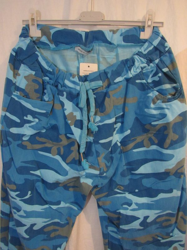 NEW Ladies Turquoise CAMO Stretchy Crinkle Magic Trousers One Size Fits 18 20 22 Size 2 - Image 4