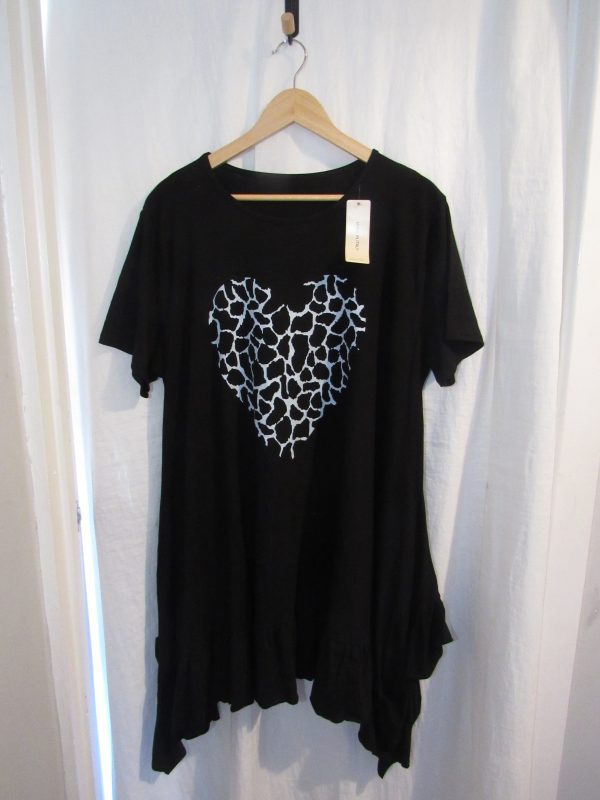 New Ladies Black Heart Frill Tunic Top One Size fits sizes 18 20 22