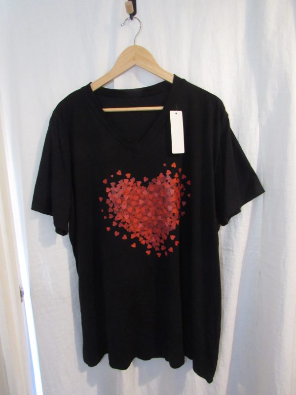 New Ladies Women Black Red Heart V Neck T-shirt One Size Fits 18 20 22