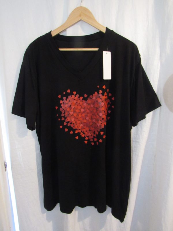 New Ladies Women Black Red Heart V Neck T-shirt One Size Fits 18 20 22 - Image 2