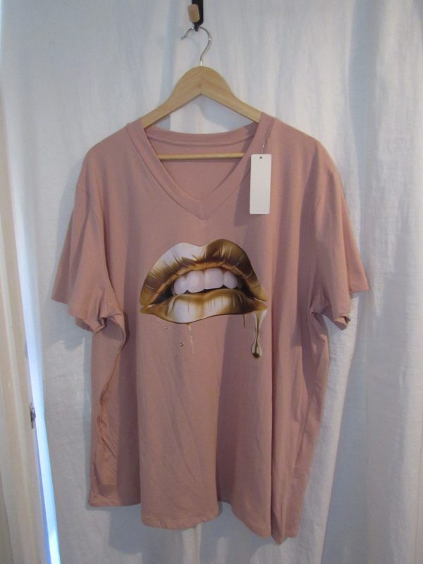 New Ladies Women Pink Lips V Neck T-shirt One Size Fits 18 20 22