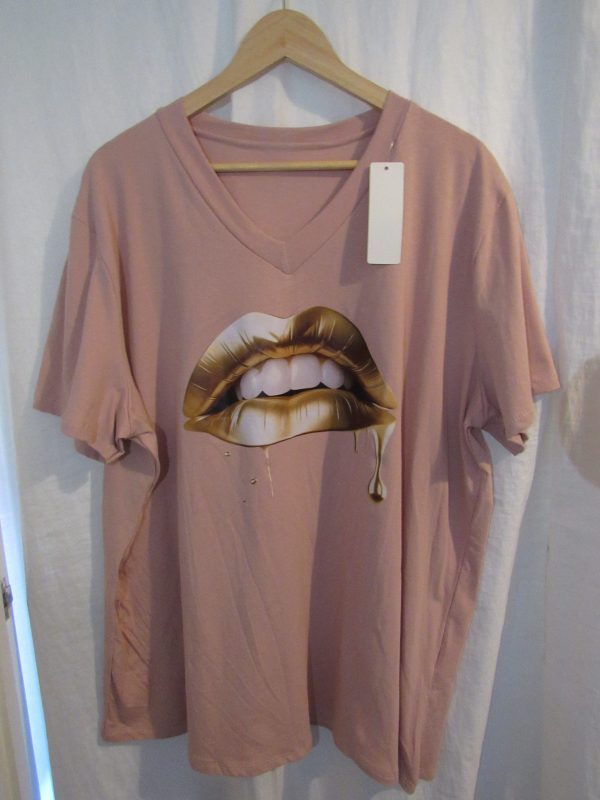 New Ladies Women Pink Lips V Neck T-shirt One Size Fits 18 20 22 - Image 4