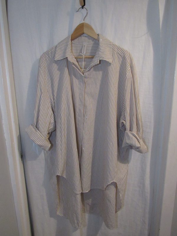 New Ladies Women Beige White Stripe Sparkle all over Shirt One size fits sizes 18 20 22 24