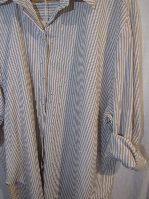 New Ladies Women Beige White Stripe Sparkle all over Shirt One size fits sizes 18 20 22 24 - Image 3