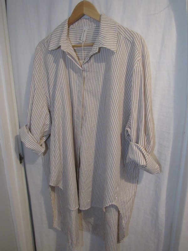 New Ladies Women Beige White Stripe Sparkle all over Shirt One size fits sizes 18 20 22 24 - Image 4