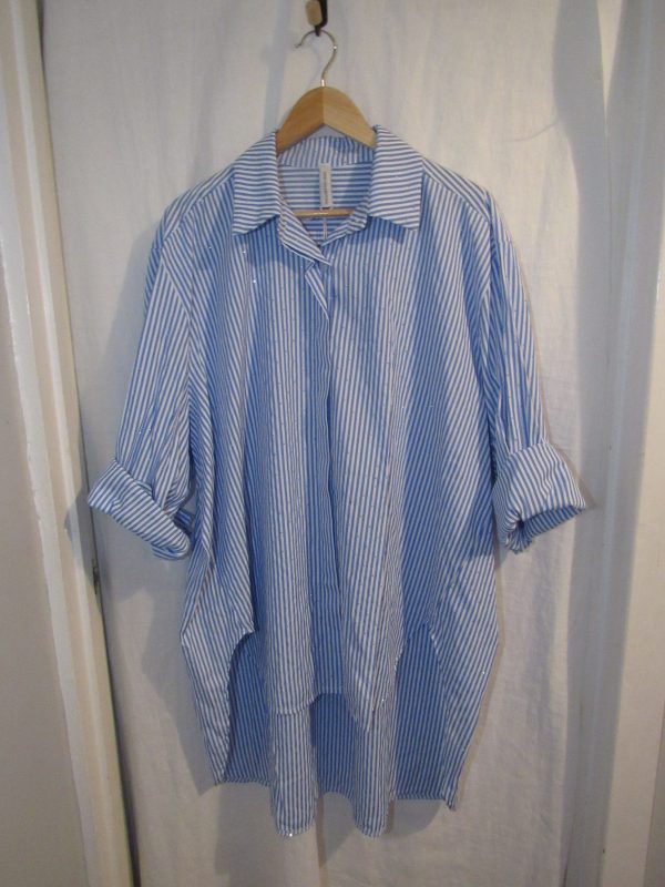 New Ladies Women Blue White Stripe Sparkle all over Shirt One size fits sizes 18 20 22 24