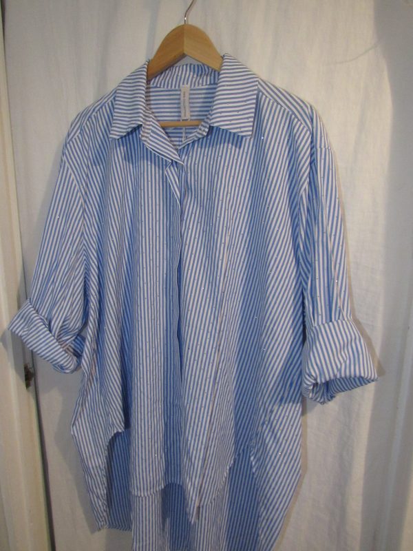 New Ladies Women Blue White Stripe Sparkle all over Shirt One size fits sizes 18 20 22 24 - Image 3