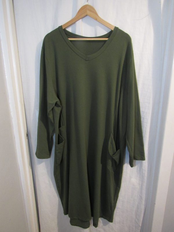 SALE SALE SALE New Ladies V Neck Pocket Khaki Jersey Dress One Size Fits sizes 18 20 22 24 NON RETURNABLE