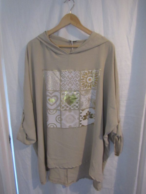 New Ladies Beige Hooded Heart Tunic Top One Size fits sizes 18 20 22