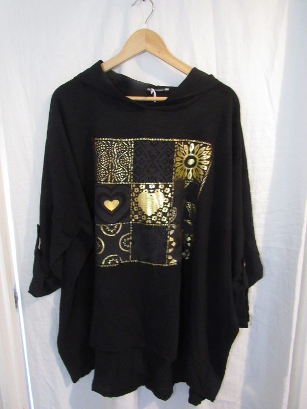 New Ladies Black Hooded Heart Tunic Top One Size fits sizes 18 20 22