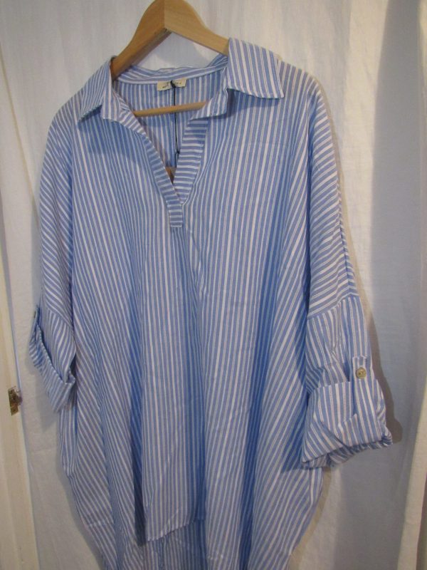 New Ladies Lovely Plus Size Grandad Shirt Blue Stripe One Size fits sizes 18 20 22 - Image 3