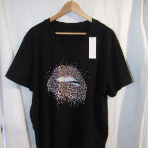 New Ladies Women Black Lips V Neck T-shirt One Size Fits 18 20 22