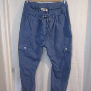 NEW Ladies Dark Denim Blue Stretchy Crinkle CARGO Magic Trousers One Size Fits 16 18 20 22 Size 2