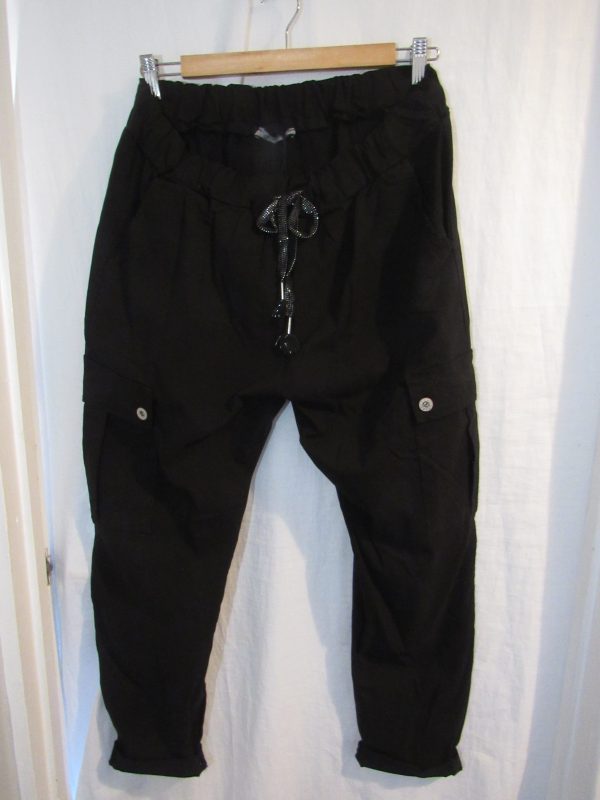 NEW Ladies Black Stretchy Crinkle CARGO Magic Trousers One Size Fits 16 18 20 22 Size 2 - Image 3