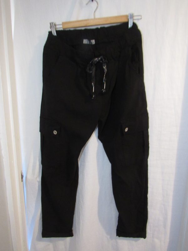 NEW Ladies Black Stretchy Crinkle CARGO Magic Trousers One Size Fits 10 12 14 16 Size 1