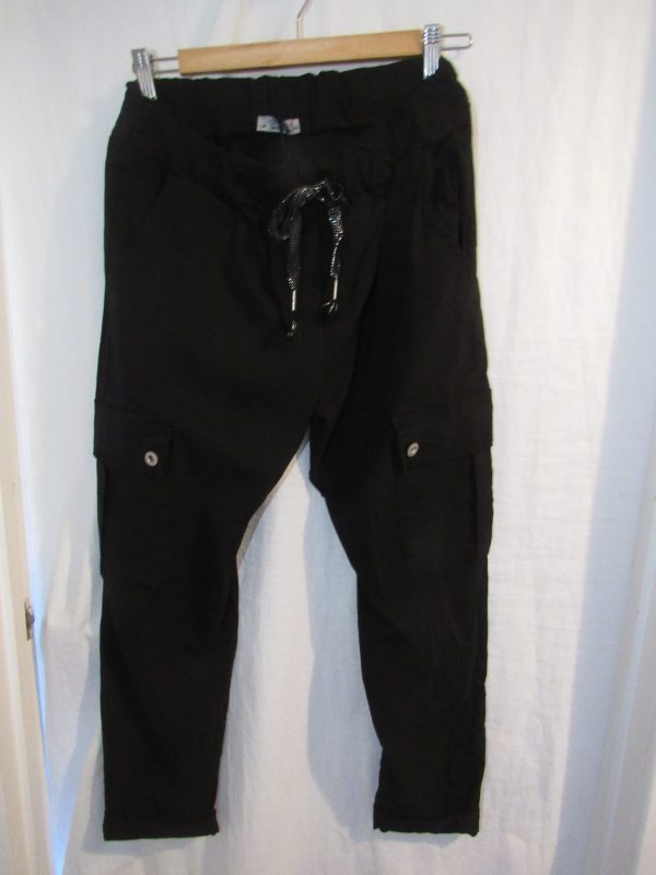 NEW Ladies Black Stretchy Crinkle CARGO Magic Trousers One Size Fits 10 12 14 16 Size 1 - Image 2