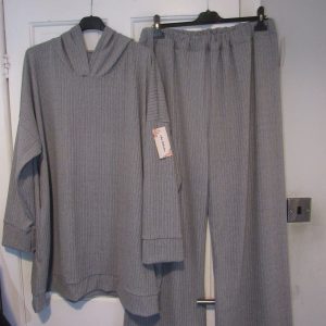 New Ladies Plus Size Soft Hooded Lounge Suit Dark Grey Stripe One Size fits sizes 20 22 24