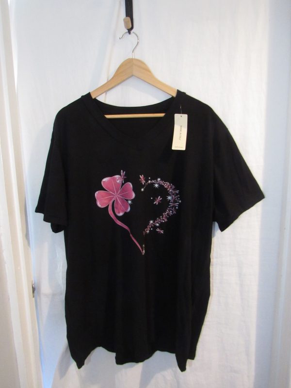 New Ladies Women Black Clover Heart V Neck T-shirt One Size Fits 18 20 22