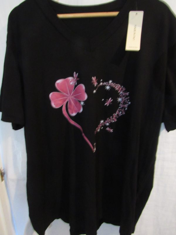 New Ladies Women Black Clover Heart V Neck T-shirt One Size Fits 18 20 22 - Image 2