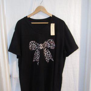 New Ladies Women Black Bow V Neck T-shirt One Size Fits 18 20 22