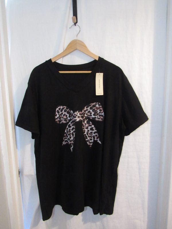 New Ladies Women Black Bow V Neck T-shirt One Size Fits 18 20 22