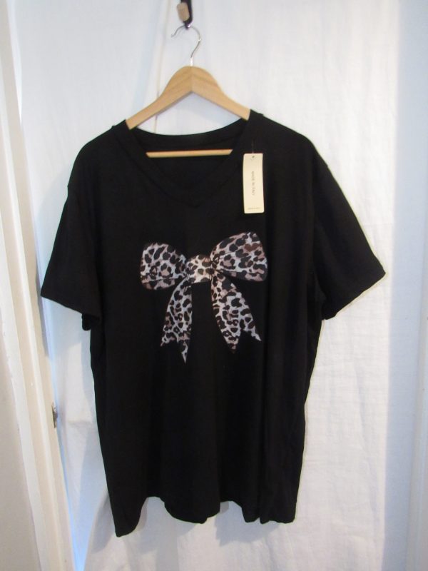 New Ladies Women Black Bow V Neck T-shirt One Size Fits 18 20 22 - Image 3