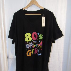 New Ladies Women Black 80s Girl V Neck T-shirt One Size Fits 18 20 22