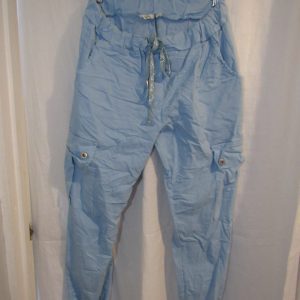 NEW Ladies Pale Blue Stretchy Crinkle CARGO Magic Trousers One Size Fits 10 12 14 16 Size 1