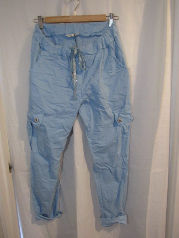 NEW Ladies Pale Blue Stretchy Crinkle CARGO Magic Trousers One Size Fits 10 12 14 16 Size 1 - Image 5