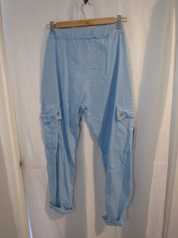 NEW Ladies Pale Blue Stretchy Crinkle CARGO Magic Trousers One Size Fits 10 12 14 16 Size 1 - Image 6