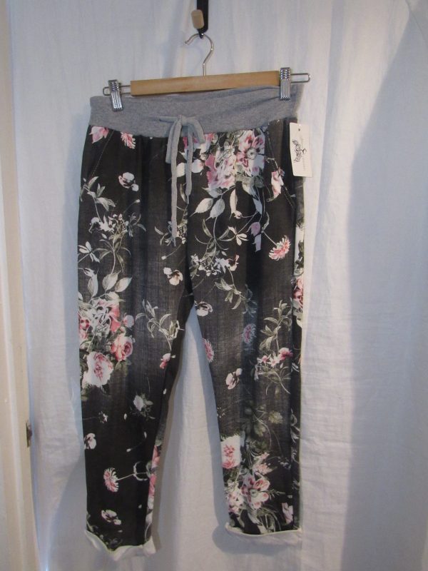 NEW Ladies Womens Grey Floral Joggers Trousers One Size fits sizes 10 12 14 16 Size 1