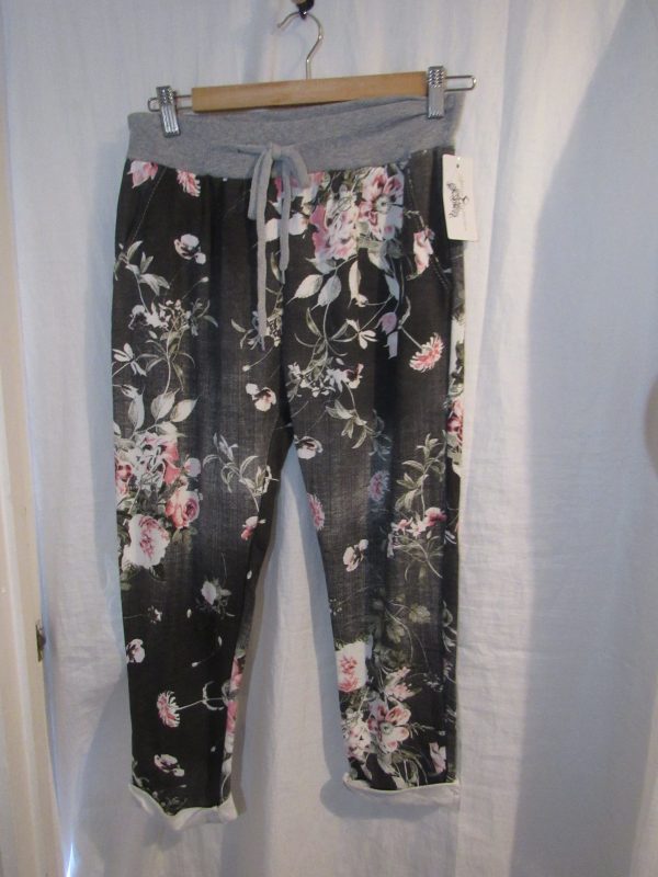 NEW Ladies Womens Grey Floral Joggers Trousers One Size fits sizes 10 12 14 16 Size 1 - Image 2