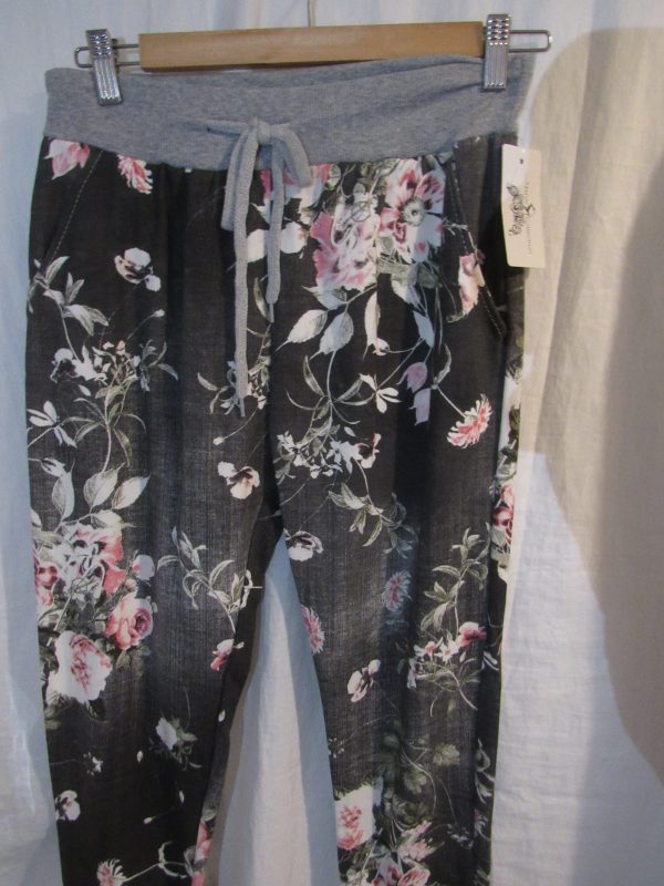 NEW Ladies Womens Grey Floral Joggers Trousers One Size fits sizes 10 12 14 16 Size 1 - Image 3