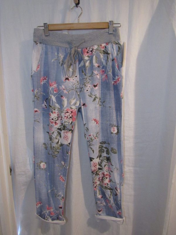 NEW Ladies Womens Light Blue Floral Joggers Trousers One Size fits sizes 10 12 14 16 Size 1