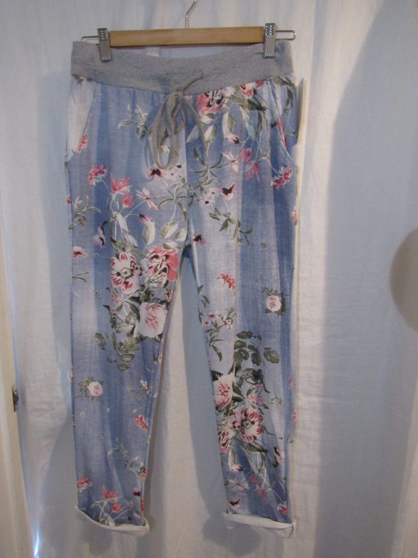 NEW Ladies Womens Light Blue Floral Joggers Trousers One Size fits sizes 10 12 14 16 Size 1 - Image 2