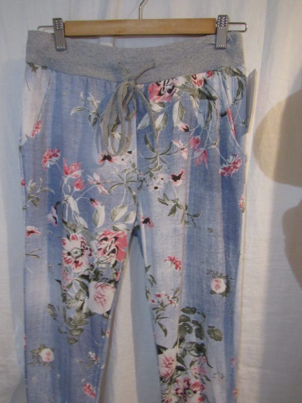 NEW Ladies Womens Light Blue Floral Joggers Trousers One Size fits sizes 10 12 14 16 Size 1 - Image 3