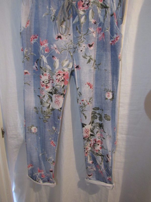 NEW Ladies Womens Light Blue Floral Joggers Trousers One Size fits sizes 10 12 14 16 Size 1 - Image 4