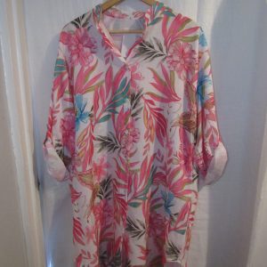 New Ladies Pink Floral Button Down Longer Shirt One Size fits sizes 18 20 22